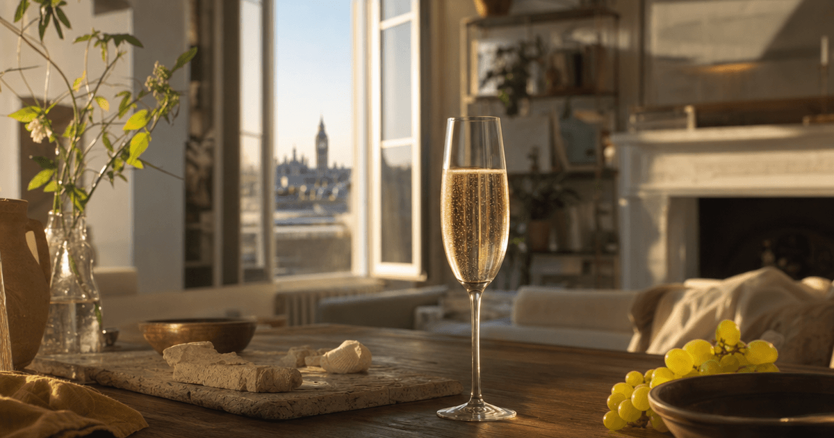 A glass of champagne blanc de blancs on a shop counter beside a chalky Côte des Blancs vineyard photograph