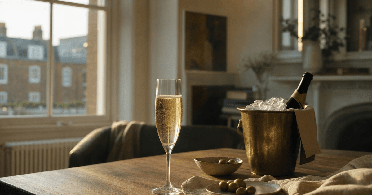 A hand pouring chilled champagne into a plain white wine glass on a wooden shop counter, foil and cage beside the bottle