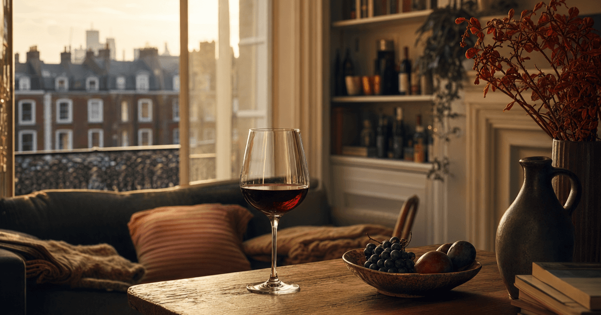 A glass of dark, tannic Taurasi wine beside an Aglianico bottle in a Campania hillside vineyard at dusk