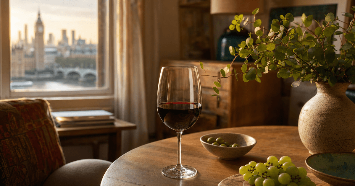 A glass of pale gold verdejo wine on a wooden counter beside grapes with the distinctive blue-green Verdejo bloom