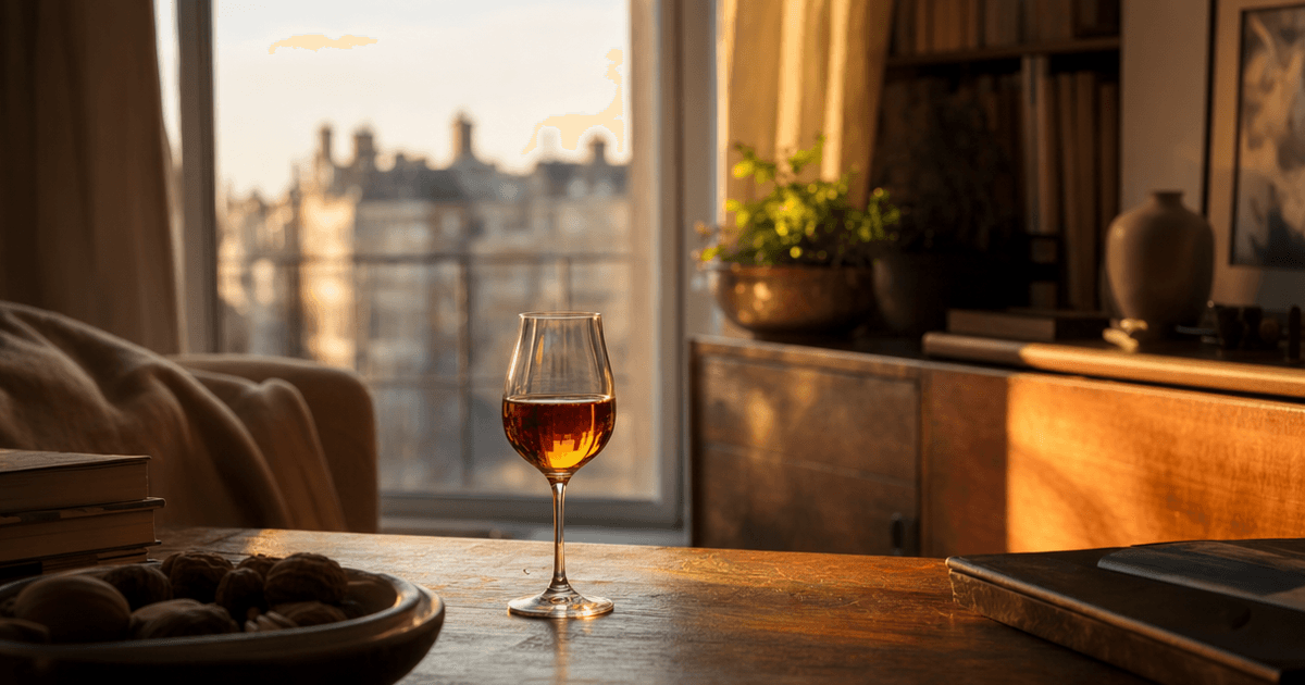 A glass of amber colheita port beside an old wooden cask in a dim cellar, bottle showing both harvest and bottling year