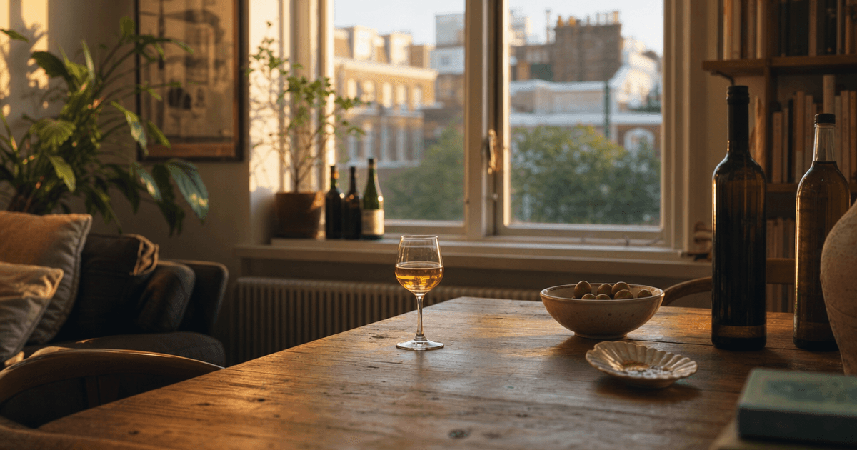 Pale glasses of sherry Manzanilla and Fino side by side on a rustic table near the Sanlúcar coastline