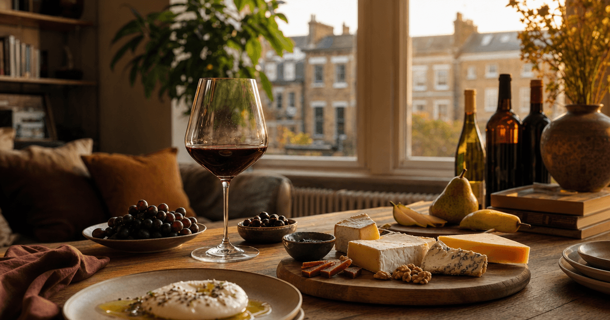 A wooden cheese board with Camembert, aged Cheddar and blue cheese beside glasses of red and white wine with cheese