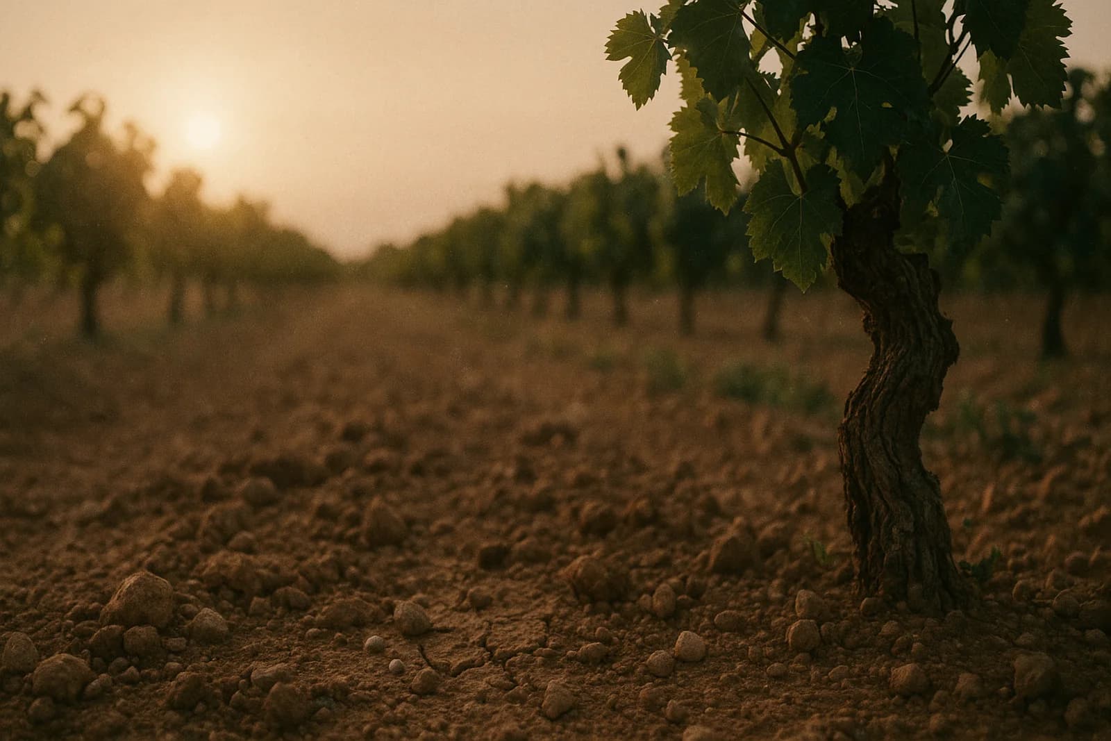 Old vines in a sun-baked, dusty vineyard at golden hour