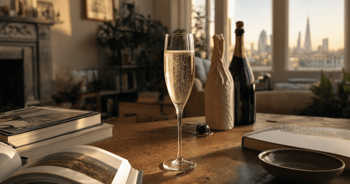 A bottle of grower champagne on a wooden shop counter with the small-print producer code visible near the label