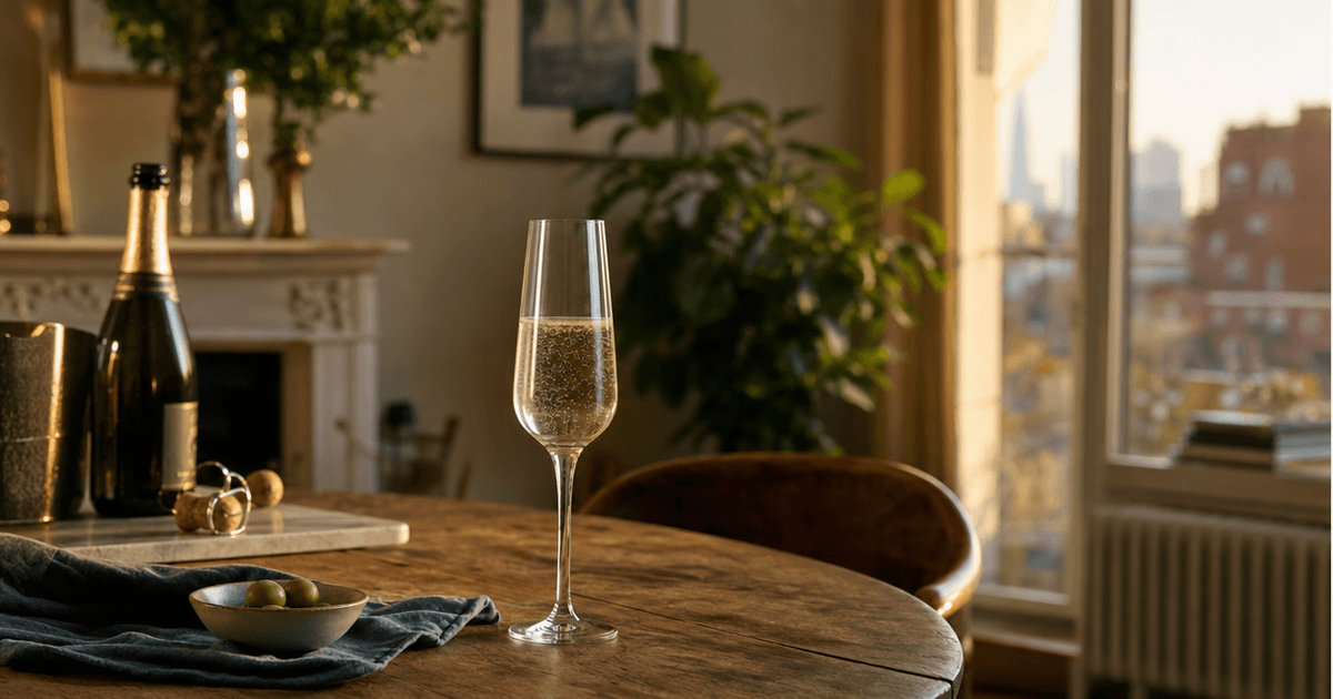 Two glasses side by side, one Champagne flute and one Prosecco glass, showing the champagne vs prosecco choice on a shop counter