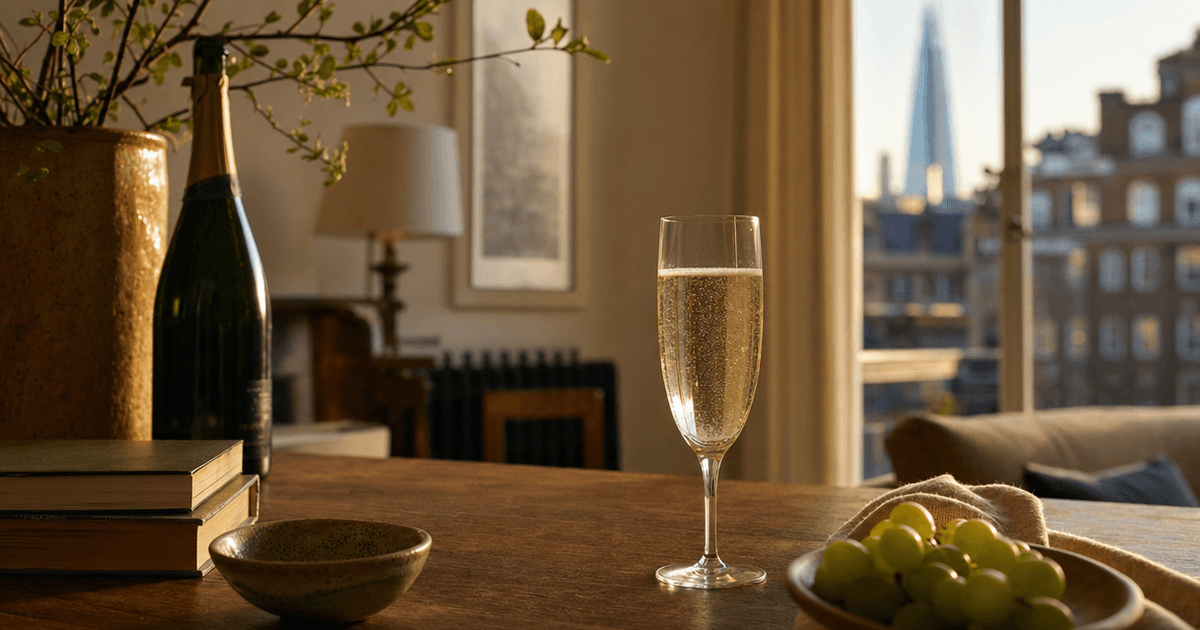 Hand pouring pale gold crémant into a tulip glass on a wine shop counter, bottle and cork nearby