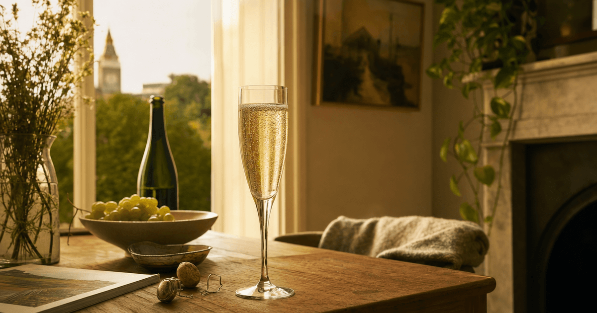 A glass of sparkling English wine being poured against a backdrop of chalky vineyard soil, bubbles catching the light
