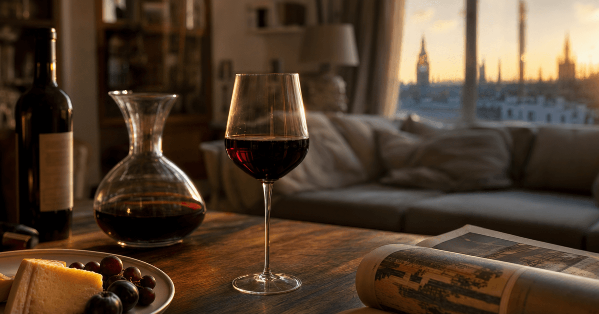 Decanted red Bordeaux in a glass on a wooden shop counter, showing when to drink Bordeaux at the right moment
