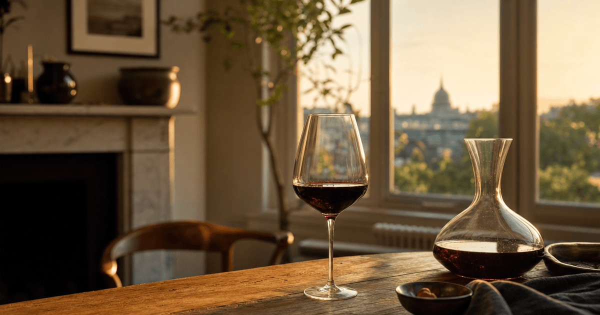 A bottle of Bordeaux being poured into a glass decanter on a kitchen counter, held up against a lamp to check the wine as it decants