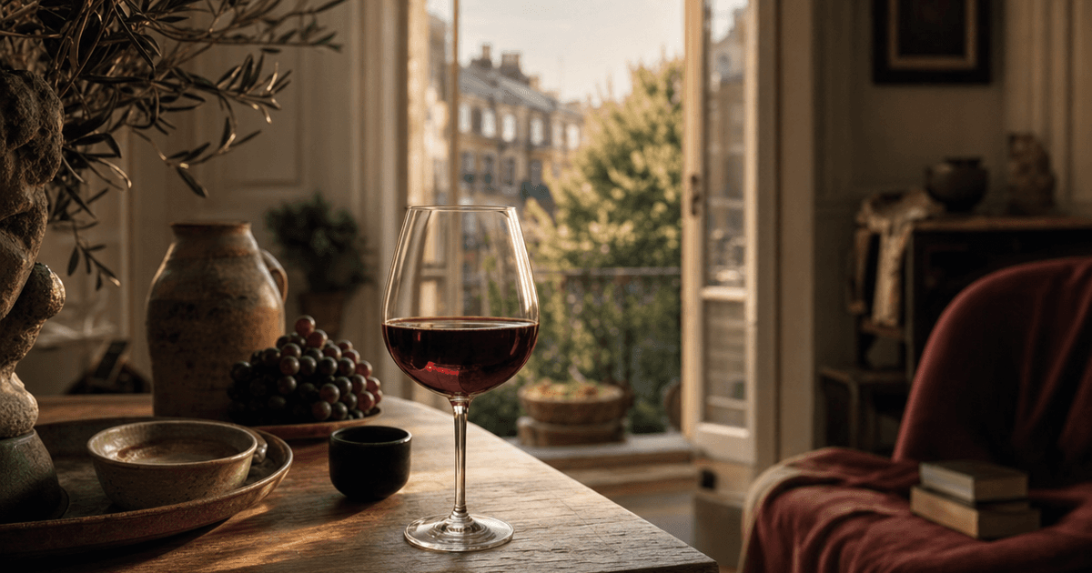 Three glasses of Italian red wine — Barolo, Brunello and Chianti — lined up on a merchant's tasting counter