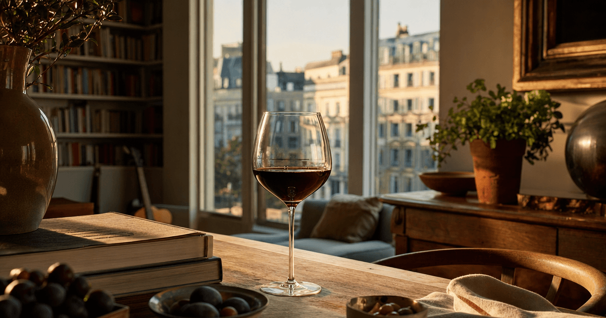 A bottle of Brunello di Montalcino stood on a wooden shop counter beside a poured glass, Tuscan hills painted on the label