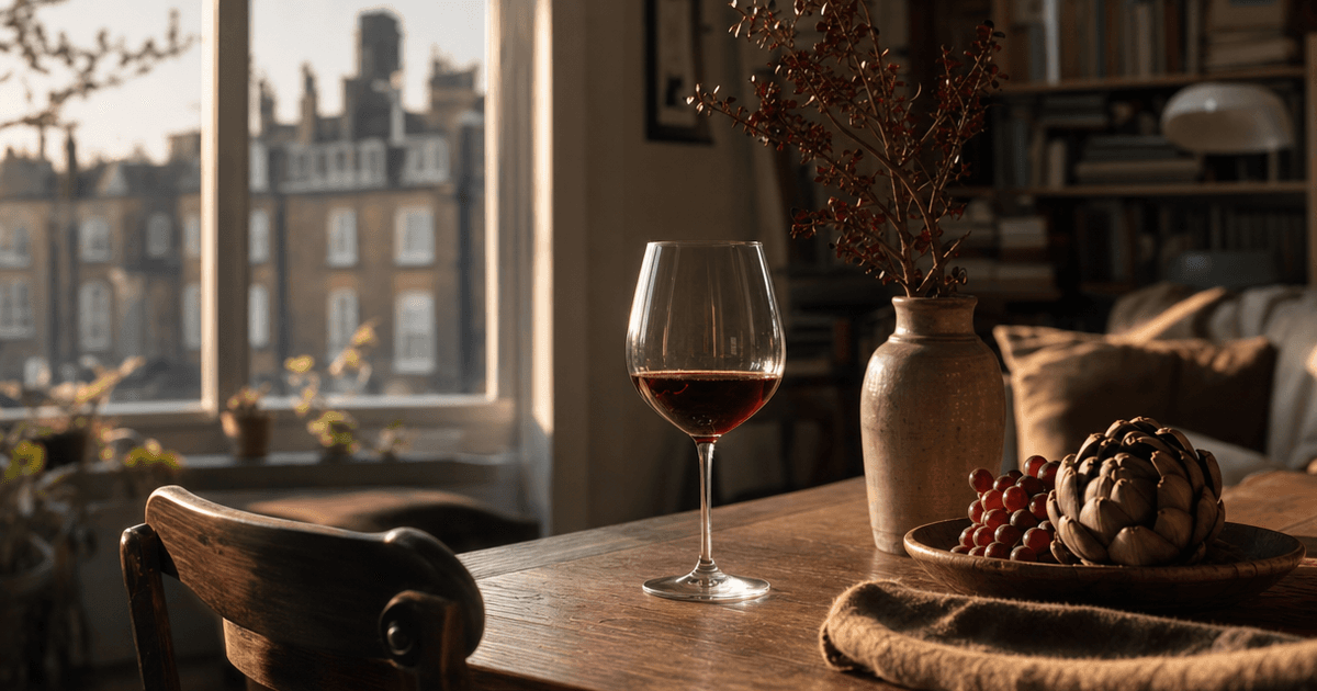 Glasses of red wine Sangiovese poured beside a plate of tomato pasta on a wooden shop counter