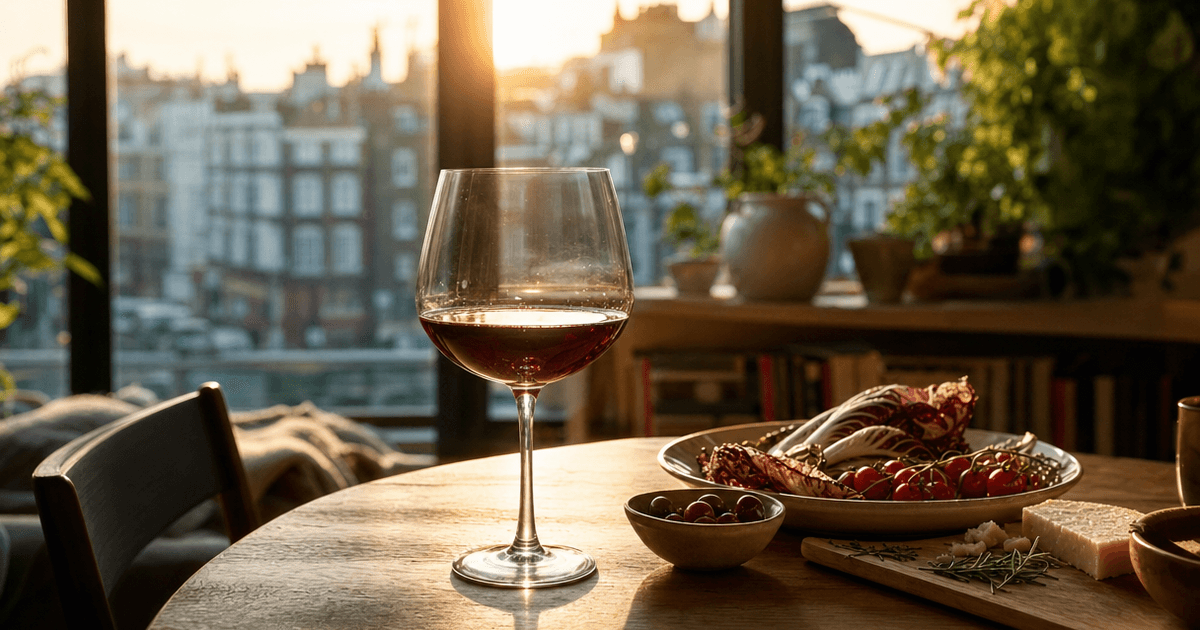 Glasses of Italian red wine beside a simmering tomato pasta sauce, illustrating italian food wine pairing at home