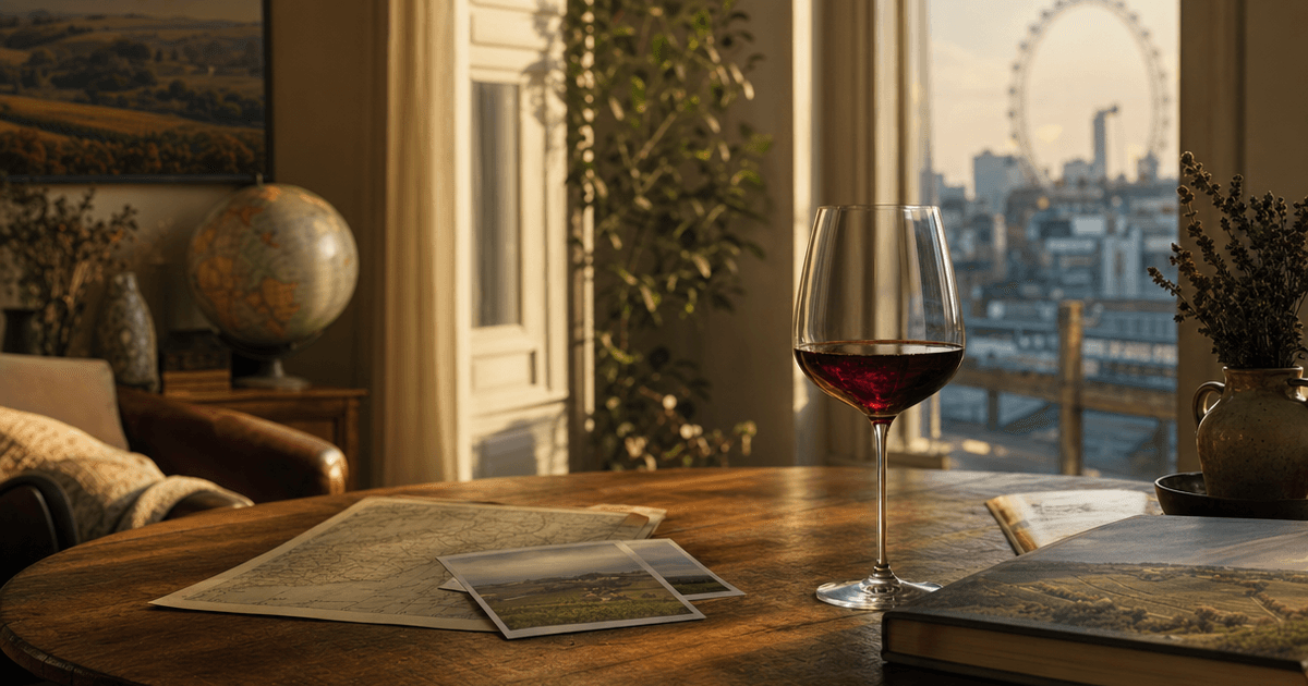 A glass of pale ruby pinot noir wine beside bottles from Burgundy and the New World on a wooden shop counter