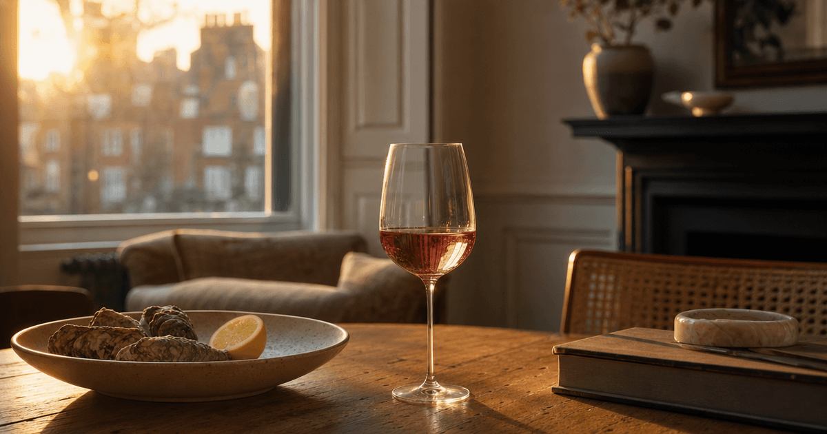 A glass of pale, mineral-toned white wine chablis on a stone bench, vineyard rows of the Chablis wine region behind it