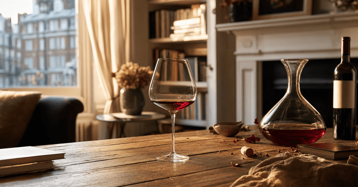 Merchant holding an old bottle of red Burgundy to the light, checking whether the Pinot Noir has aged well before opening it.