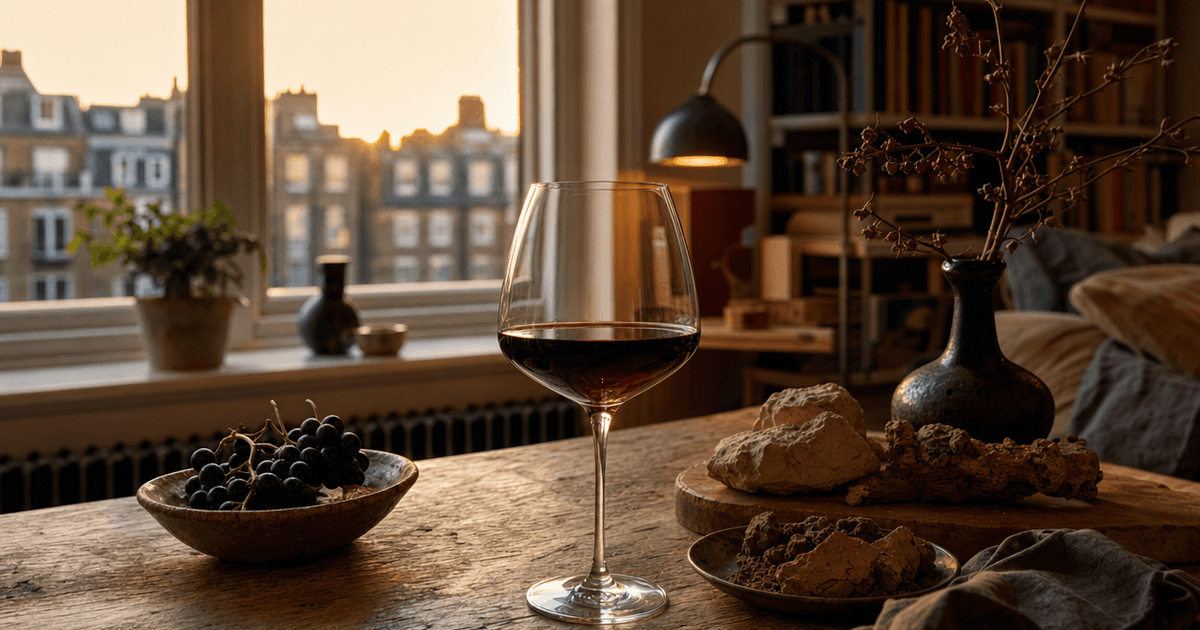 Two glasses of red wine, one from Ribera del Duero and one from Rioja, on a wooden shop counter with bottles behind