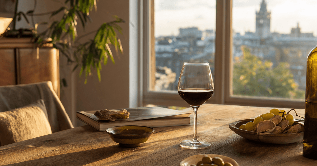 Glass of pale albarino wine on a granite windowsill overlooking the green, misty coast of Rías Baixas in Galicia