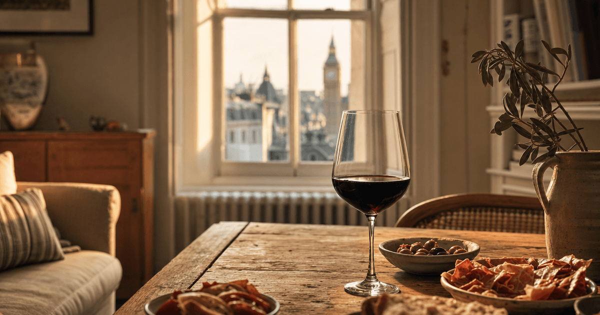 A crowded tapas table with jamón, olives and patatas bravas beside small glasses of chilled sherry and cava