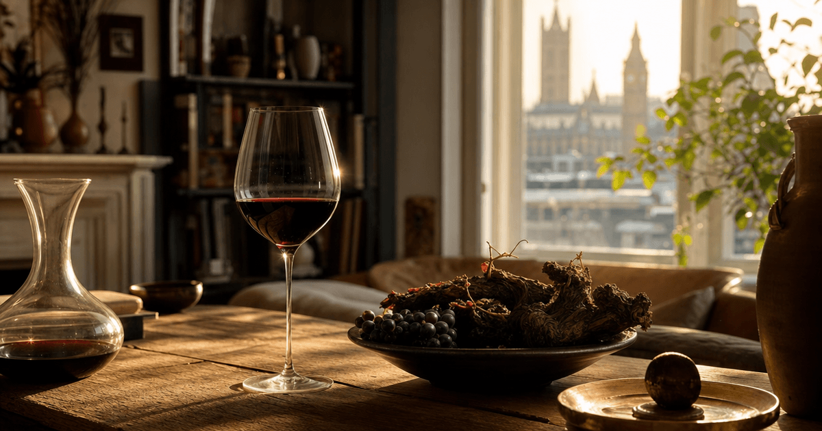 Gnarled Spanish bush vines beside a glass of old vine red wine on a rustic wooden table