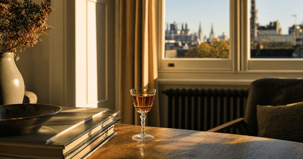 Three glasses of fortified wine — tawny port, amber sherry, mahogany madeira — lined up on a shop counter