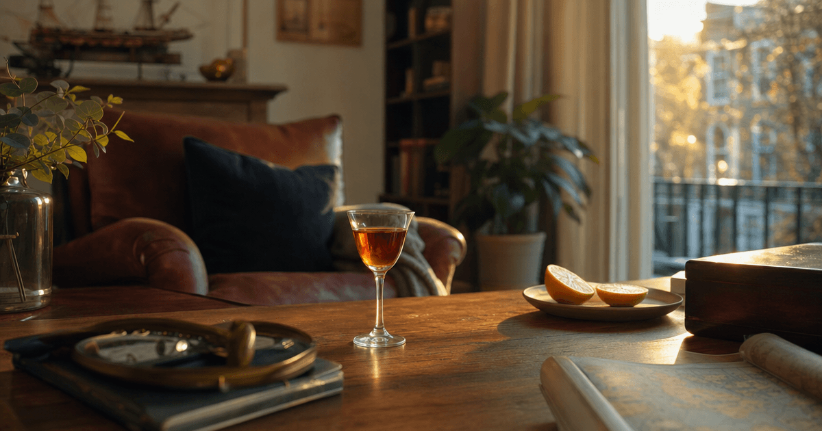 A dusty bottle of amber madeira wine beside a small glass, warm shop light catching the label
