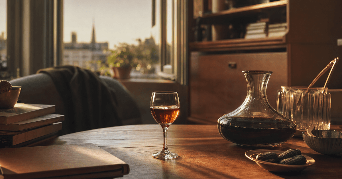 A tulip-shaped glass of tawny Port poured two-thirds full beside a decanter and a wedge of blue cheese on a wooden board