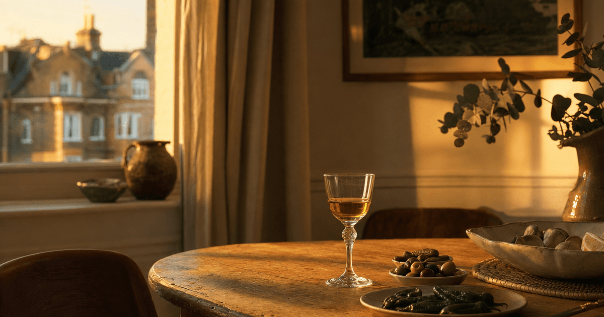 A chilled glass of pale sherry fino poured beside a plate of jamón, olives and marcona almonds on a wooden table