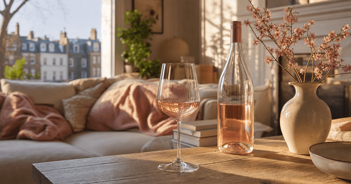 Rows of pink rosé wine bottles on a merchant's shelf, from pale Provence to deep Rioja rosado