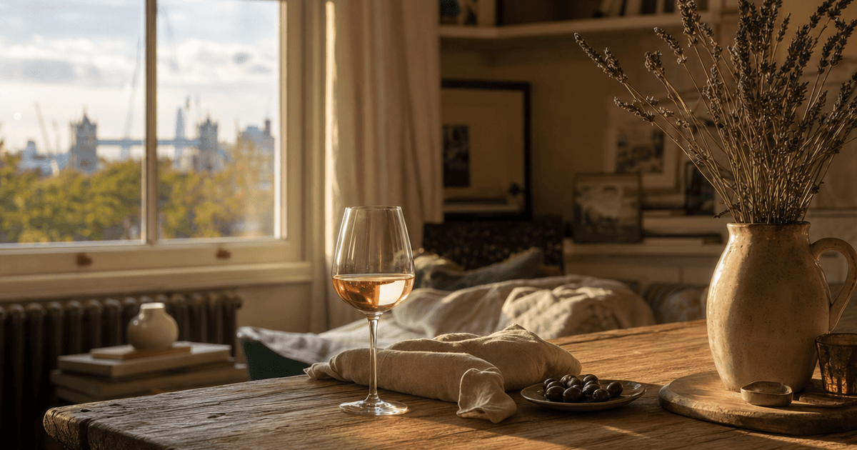 Glass of pale pink côtes de Provence rosé on a wooden bar beside the bottle, condensation beading on the glass