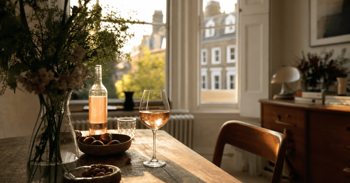 A glass of chilled rosé wine with condensation on the bowl, showing the right temperature for rose wine service