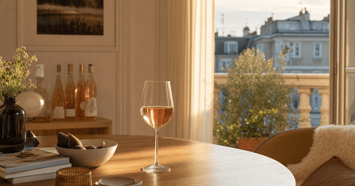 A glass of deep pink rosé wine in winter beside a fire, with a bottle and roast dinner on the table