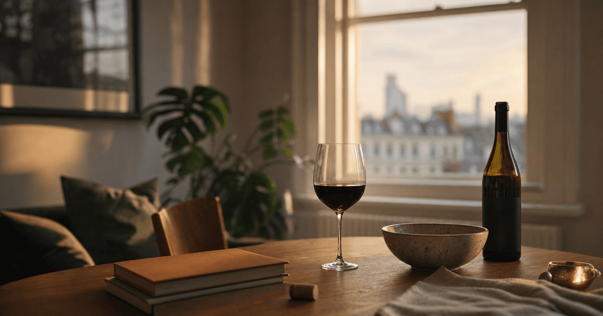 A glass of red wine beside an open takeaway box and a remote control on a sofa table, set for a weeknight food and wine pairing