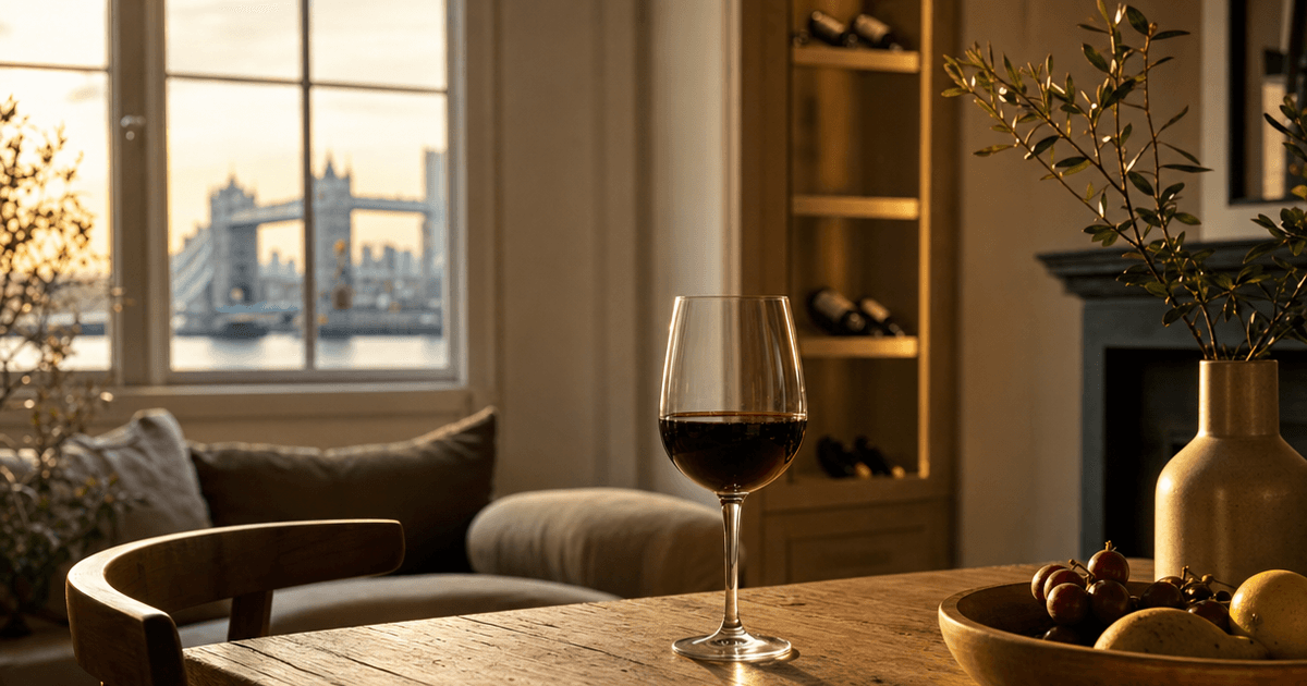A small wine rack tucked into a city flat cupboard, five bottles stored upright and on their side away from light