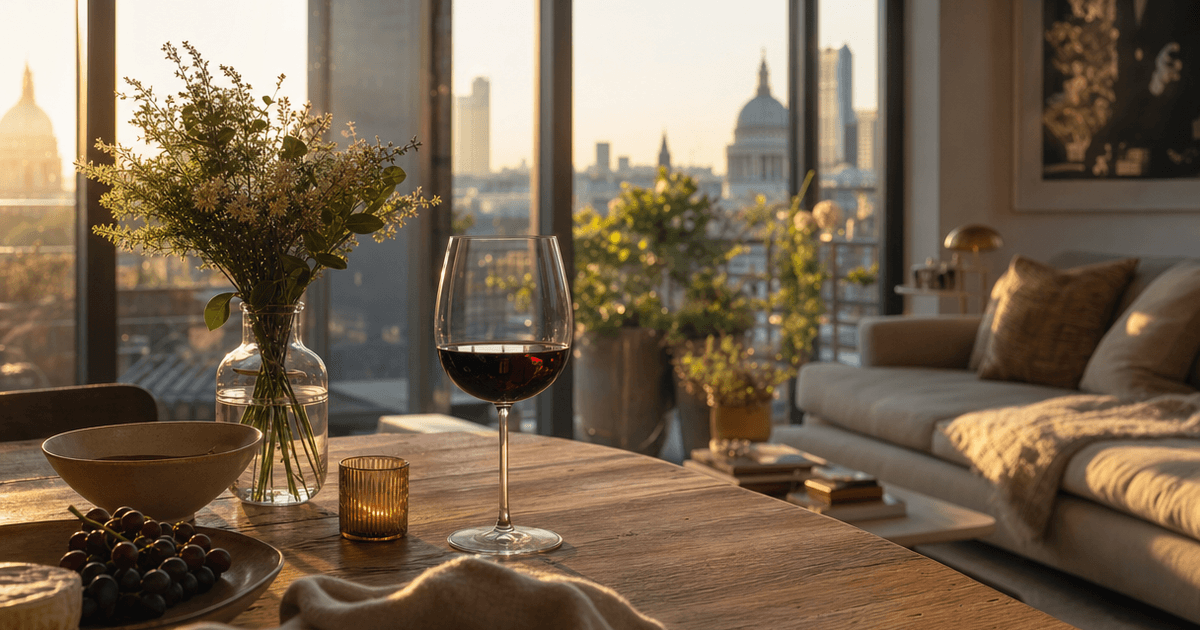 Table set for a wine dinner party with red and white glasses poured beside plates of food