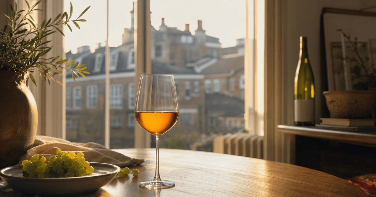 Glass of pale gold Grüner Veltliner wine on a wooden bar with green grapes from Austria's vineyards nearby