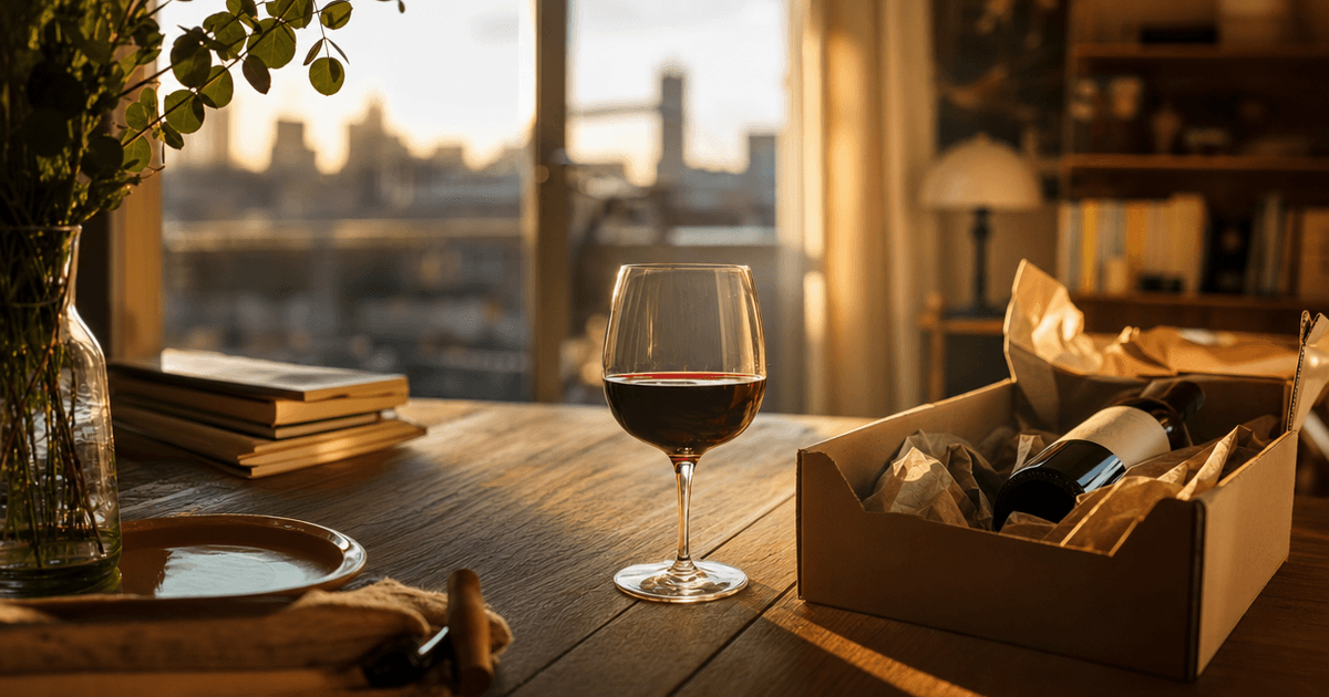 A wrapped bottle of red wine with a ribbon sitting on a shop counter beside two glasses, styled as a wine gift idea