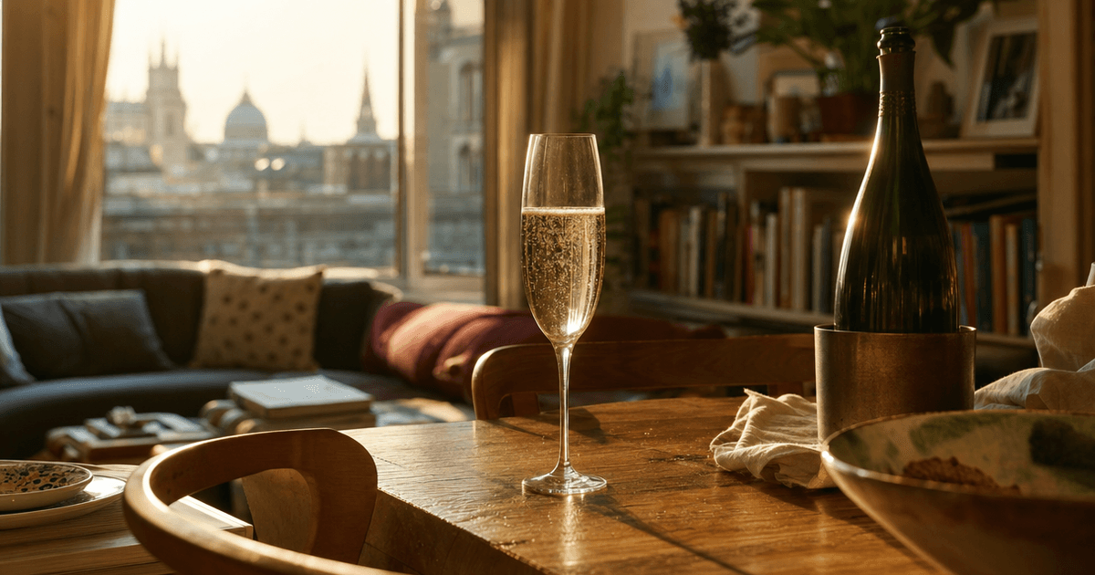 A chilled magnum of Champagne beside two filled glasses on a wooden bar, condensation beading down the bottle.