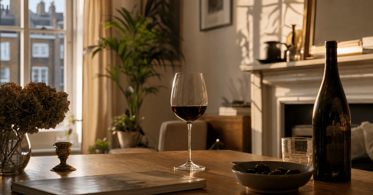 Tall tulip-shaped Bordeaux wine glass standing on a shop counter beside an open bottle of red Bordeaux