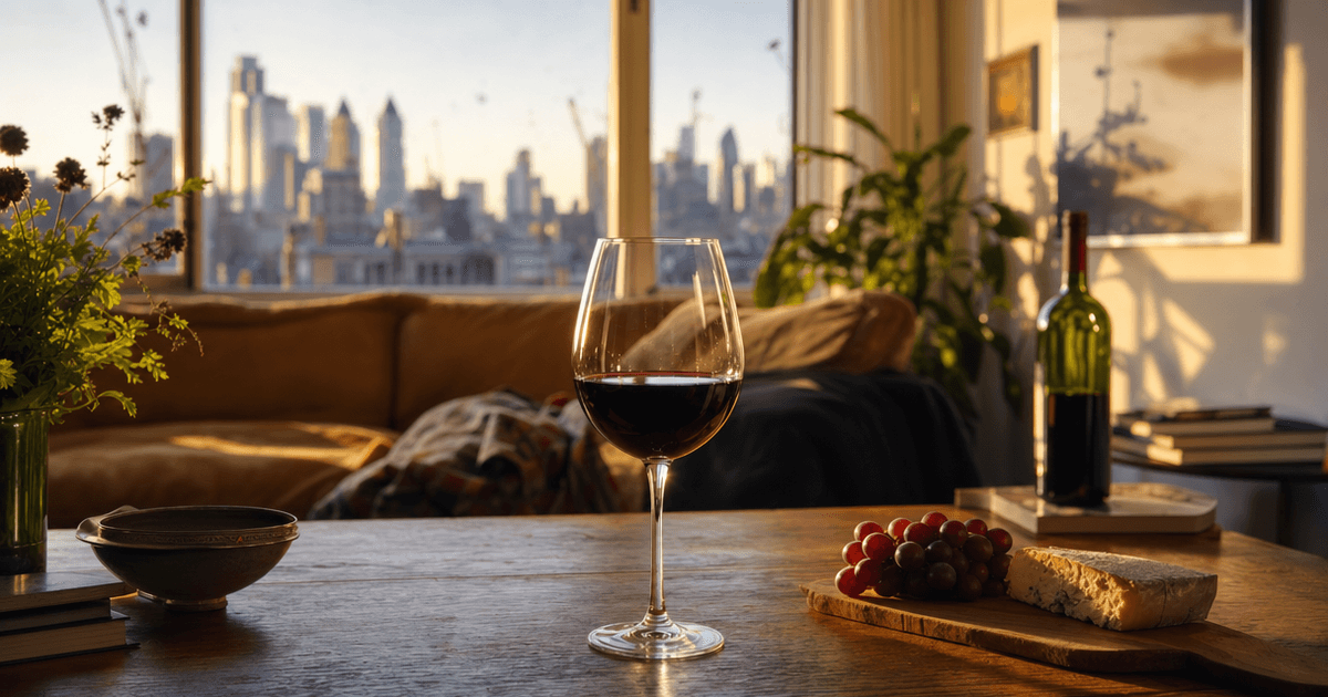 A glass of deep ruby claret red Bordeaux wine on a wooden shop counter beside an open bottle
