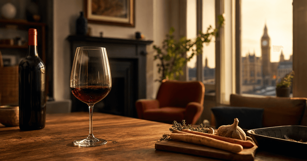 A glass of red Bordeaux beside a carved roast beef joint and gravy boat on a Sunday lunch table