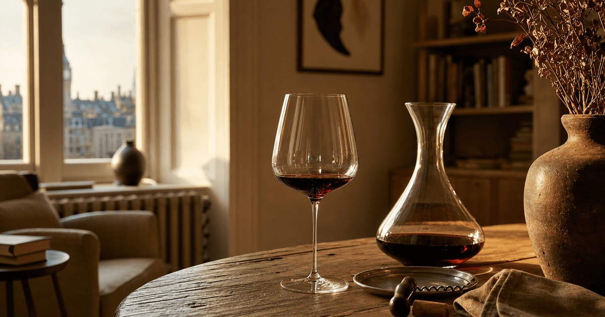 A glass of aged Barolo with brick-orange rim being poured from a decanter at a wooden table