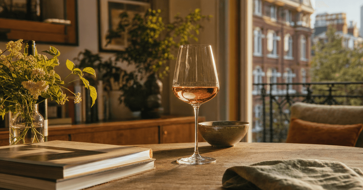 A chilled bottle of Aligoté wine and a glass on a wooden bar, Burgundy vineyard slopes visible through the window behind