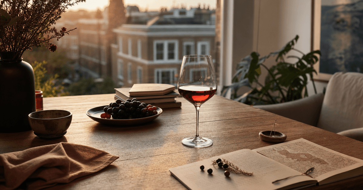 A glass of Baden Spätburgunder Pinot Noir on a wooden shop counter beside a bottle labelled in German script