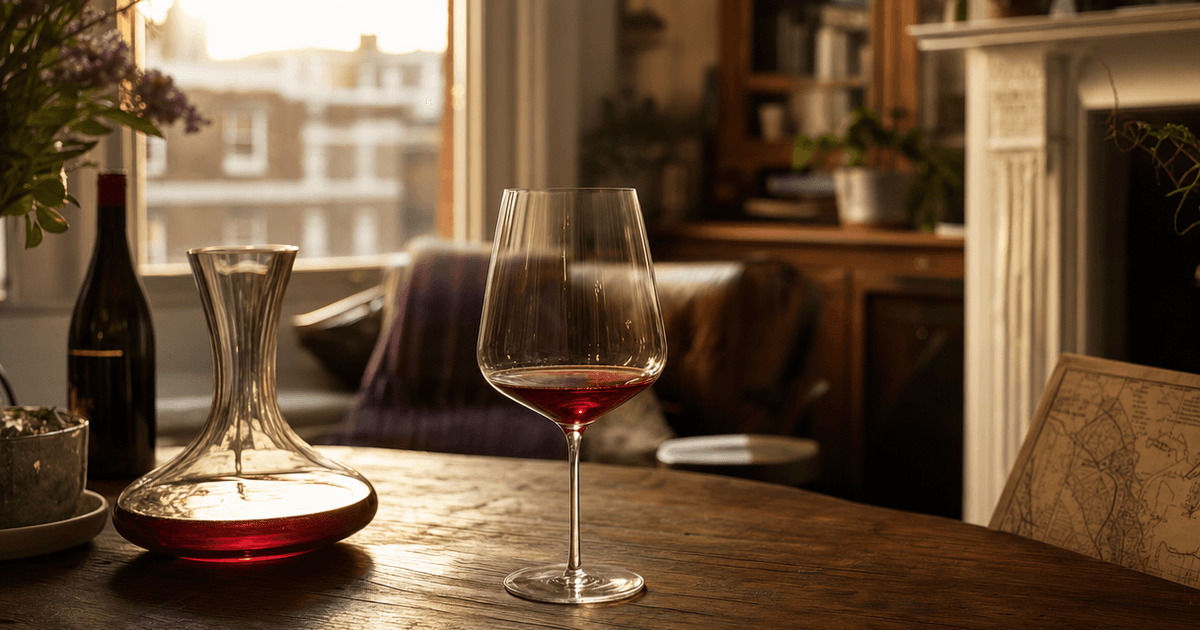 A glass of deep-coloured Gevrey-Chambertin wine on an oak barrel with the Côte de Nuits vineyards visible behind it