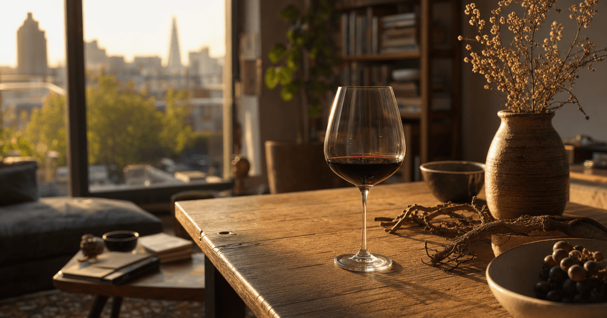 Glass of dark Monastrell wine on a rustic table with bush vines and sun-baked Spanish vineyard soil in the background