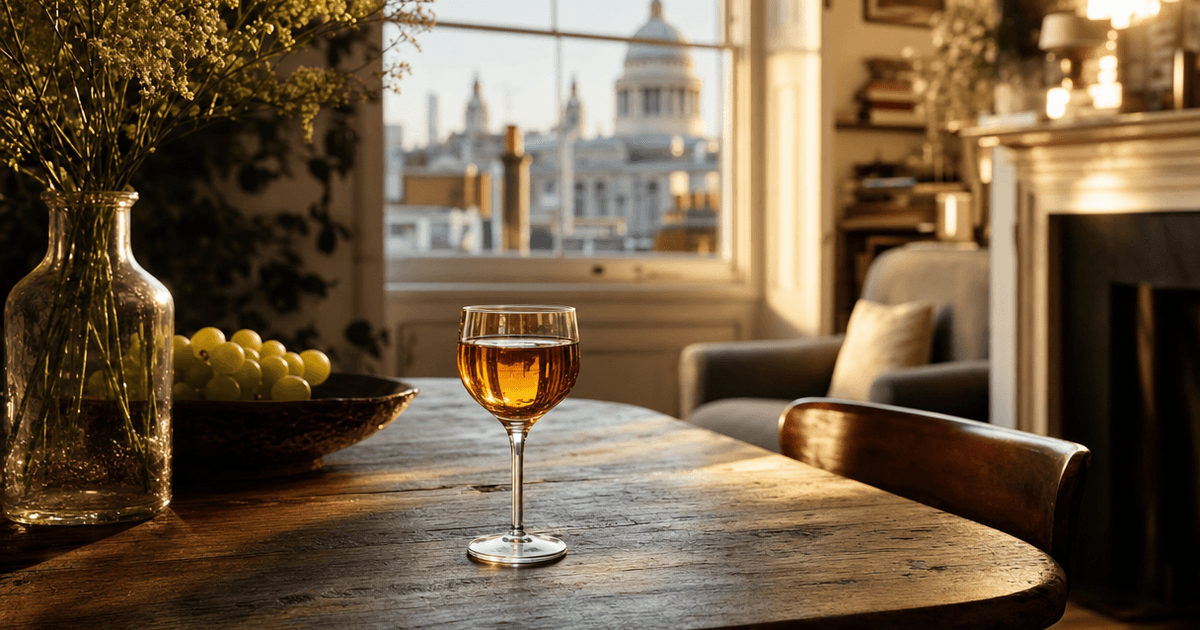 A small glass of amber moscatel wine beside a bottle labelled Setúbal, evening light on a wooden shop counter