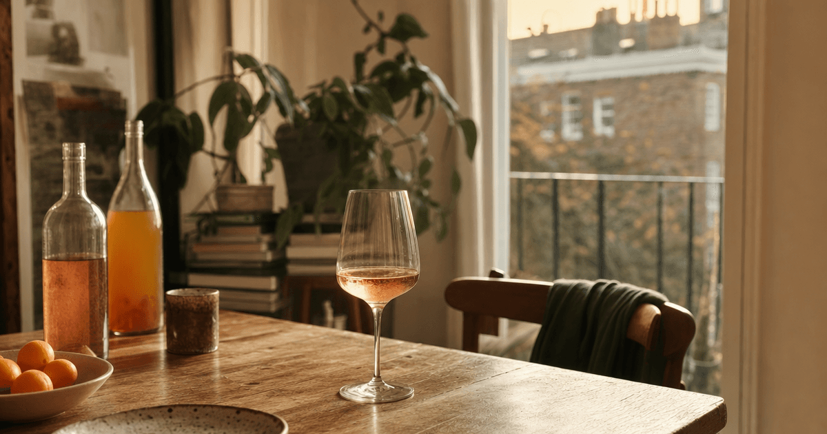 A glass of pale pink rosé and a glass of amber orange wine side by side on a wine shop counter, showing the orange wine vs rosé colour difference