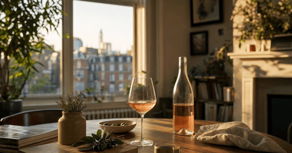 A glass of deep pink Bandol rosé wine on a stone table with terraced Provençal vineyards in the background